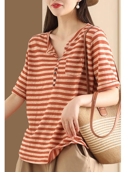 Women Sumer Casual Stripe V-Neck Button Shirt II1019 BUYKUD