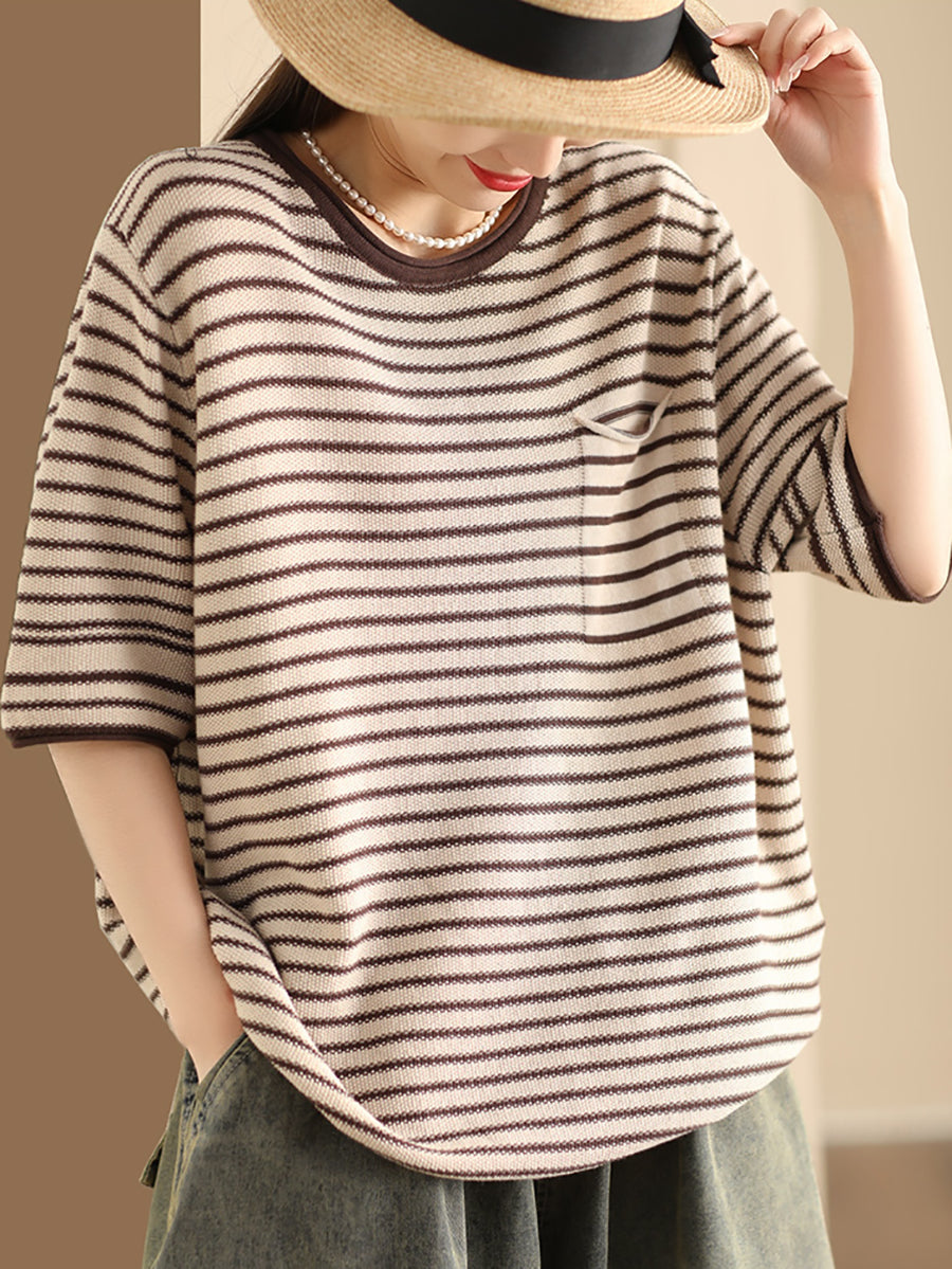 Women Summer Stripe Casaul Knitted Pullover Shirt SC1021 Ada Fashion