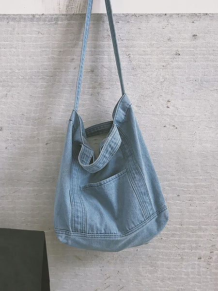 Vintage Solid Denim Spliced Shoulder Bag Handbag OP1038 BUYKUD