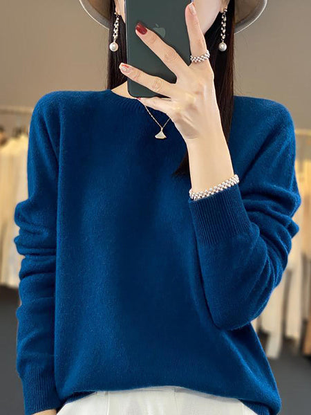 Women Autumn Solid Knit 100%Wool O-Neck Sweater WU023 BK