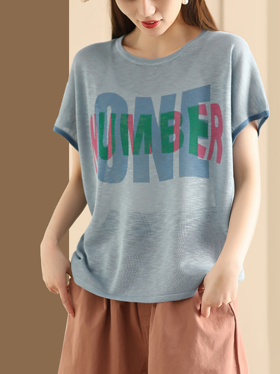 Women Summer Letter Printing Knitted Loose Shirt OP1049 BUYKUD