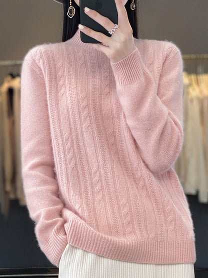 Women Autumn Solid Cable Knit 100%Wool Half Turtleneck Sweater QN027 BK