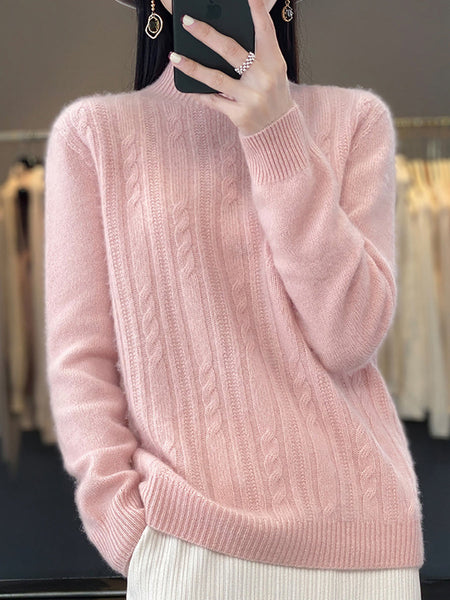 Women Autumn Solid Cable Knit 100%Wool Half Turtleneck Sweater QN027 BK
