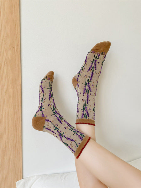 5 Pairs Women Flower Jacquard Colorblock Cotton Socks AH1024 ZJHK