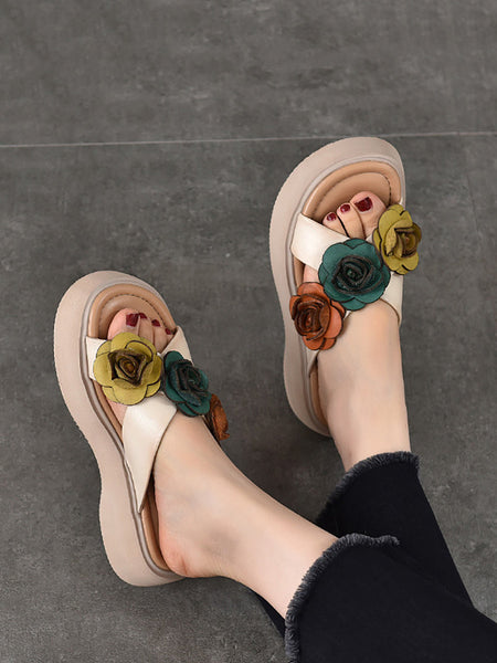 Women Summer Platform Spliced Flower Leather Slippers FashionChic