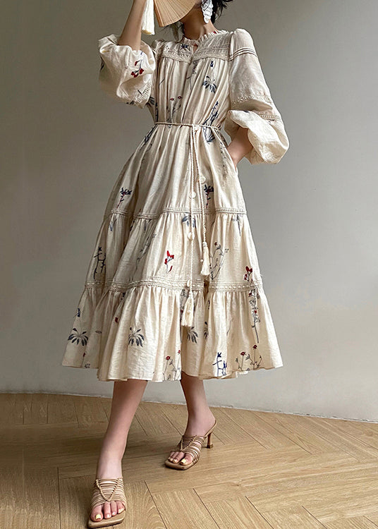 Loose Beige Embroidered Ruffled Pockets Linen Dress Long Sleeve AJ1033 shopify