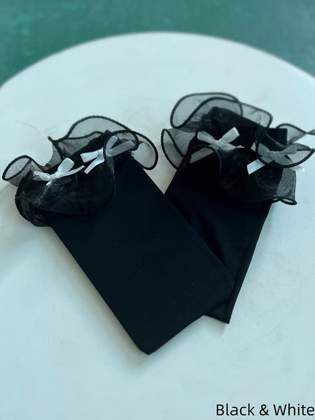 Velvet Tulle Trim Calf Colors Socks Bow 3 Ruffle FashionChic