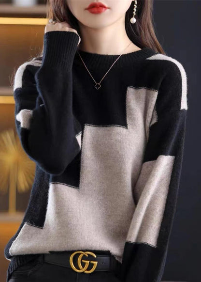 Natural White O-Neck Patchwork Thick Cashmere Knit Sweater Fall QP024 OL-NTP241001