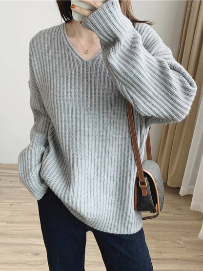 Vintage Caramel V-Neck Long Sleeves Striped Knit Sweater QX001 shopify