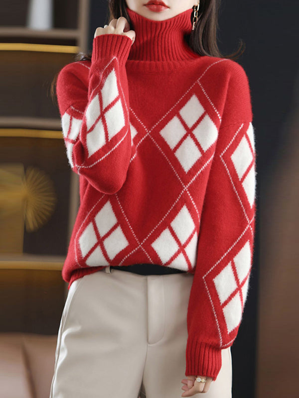 Casual Red High-Neck Contrast Color Plaid Long Sleeves Sweater QX014 shopify