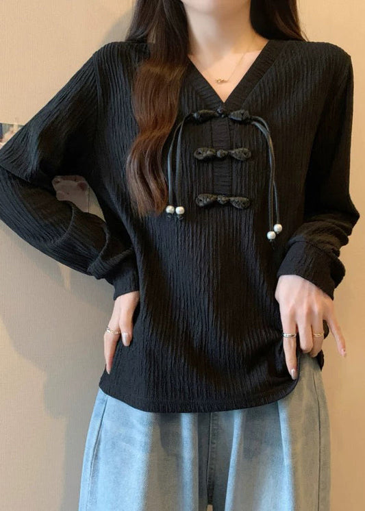 Black Patchwork Cotton Shirt Top V Neck Tassel Fall QC036 shopify