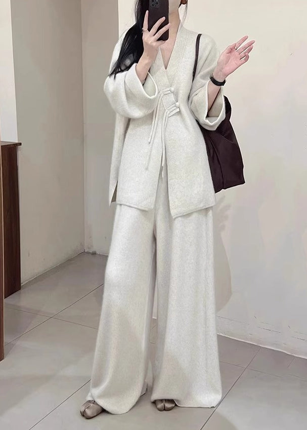 Brief Light Grey V Neck Button Knit Coats And Pants Two Piece Set Fall WV028 ABC