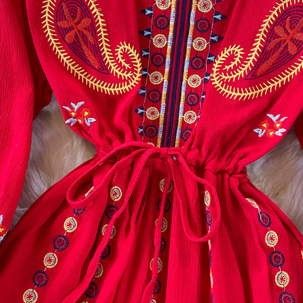 Vintage Green V-neck Tie Waist Flower Embroidery Three-quarter Sleeve A-line Dress AR1022 shopify