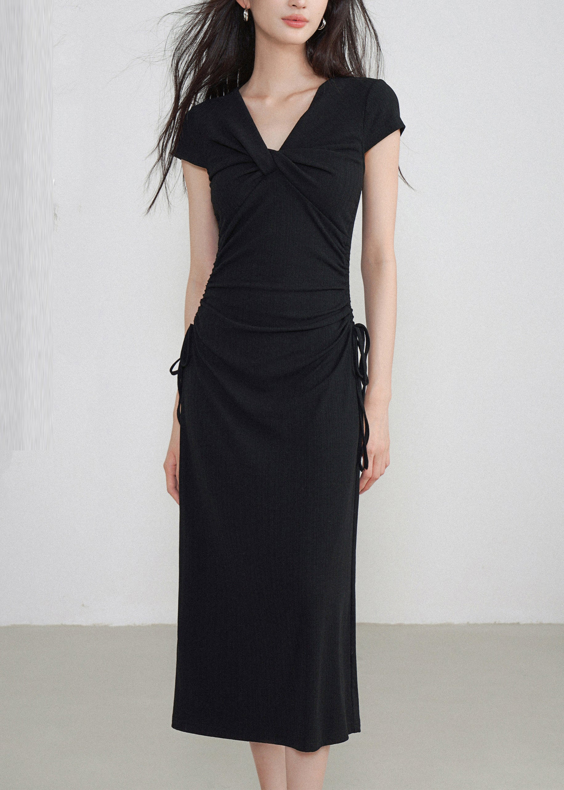 Classy Black V Neck Cinched Maxi Dresses Short Sleeve EE033 shopify