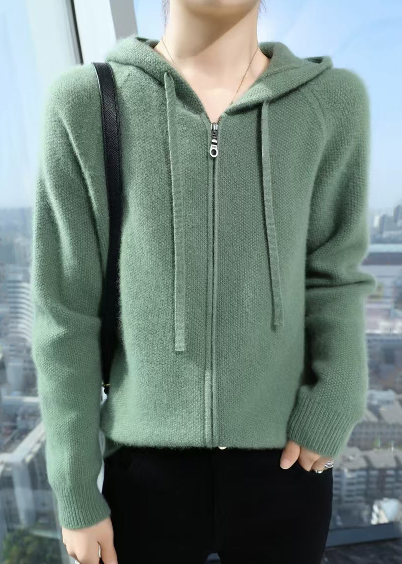 Elegant Beige Hooded Zippered Solid Cotton Knit Coat Fall QX027 shopify