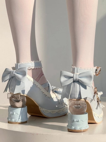 Shaped Romantic Heart Bow with Cake Sweet Mary Heel Lolita Shoes Blue in Platform Closure High-heel Jane FashionChic