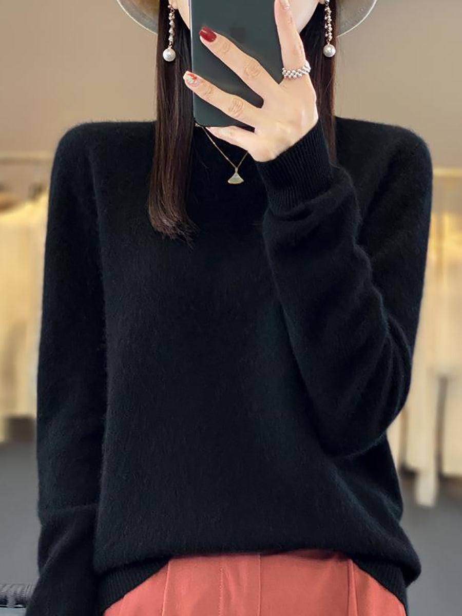 Women Autumn Solid Knit 100%Wool O-Neck Sweater WU023 BK