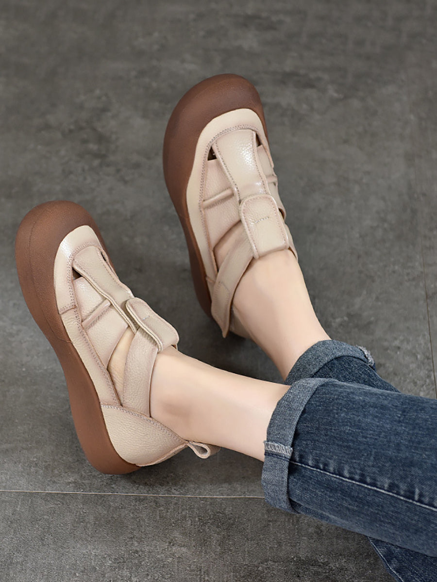 Women Vintage Summer Solid Leather Flat Shoes AA1049 Ada Fashion