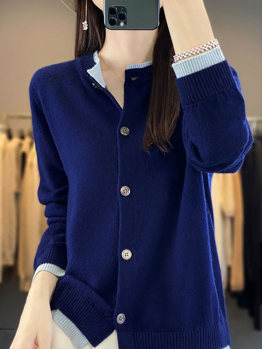 Women Autumn Colorblock Knit 100%Wool O-Neck Sweater QM006 BK