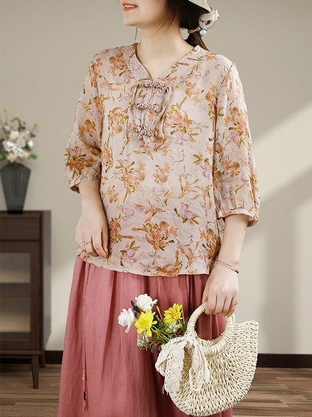 Women Summer Vintage Flower Buckle V-Neck Ramie Shirt HH014 BUYKUD