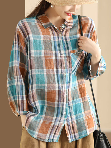 Women Vintage Plaid Summer Ramie Button-up Shirt SC1016 Ada Fashion