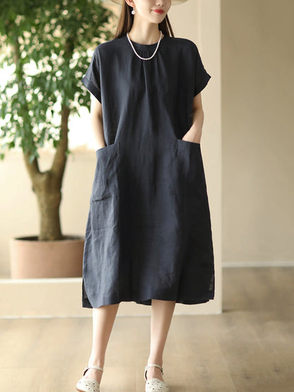 Women Summer Casual Solid Pocket O-Neck Linen Dress FD051 ZMMM
