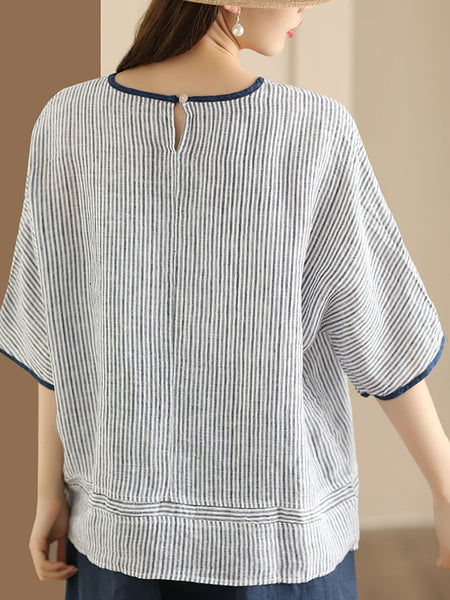 Women Summer Vintage Stripe Spliced Linen Shirt CV1052 Ada Fashion