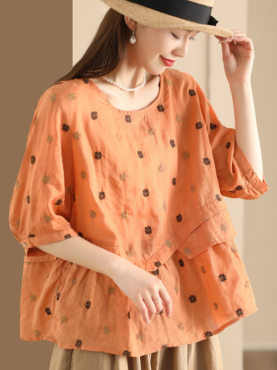 Women Summer Embroidery Spliced Ramie Loose Shirt XX1046 Ada Fashion