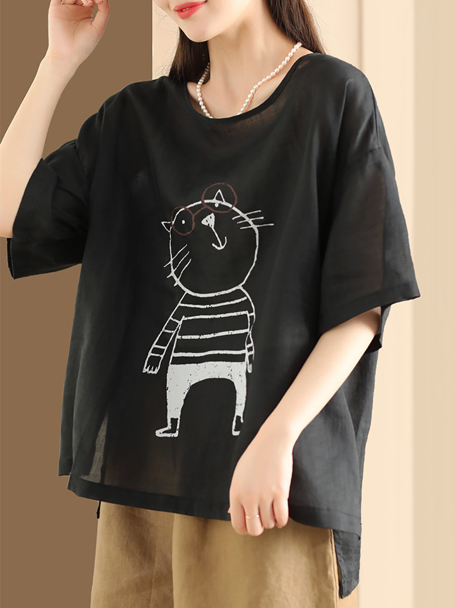 Women Summer Cartoon Cat Print Ramie Pullover Shirt OO1034 BUYKUD