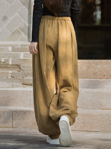 Women Autumn Vintage Solid Ramie Loose Bloomers AV1057 Genistyle Shop