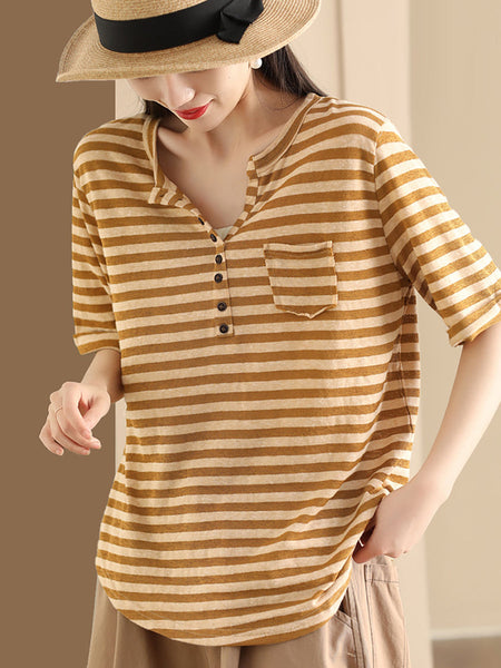 Women Sumer Casual Stripe V-Neck Button Shirt II1019 BUYKUD