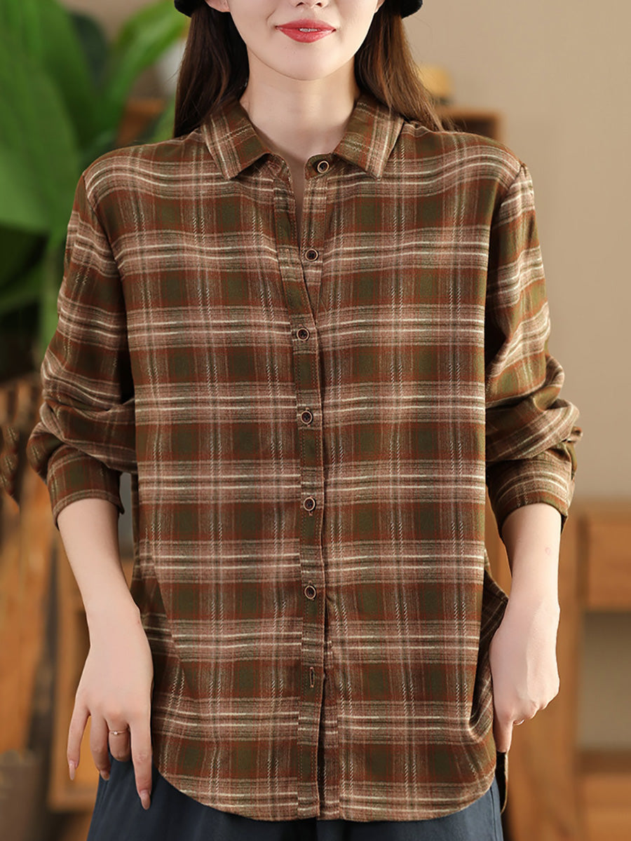 Women Autumn Vintage Plaid Button-up Cotton Blouse AI1031 ZMMM