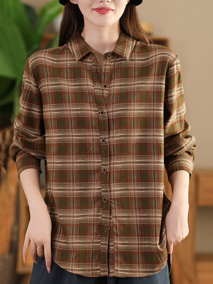 Women Autumn Vintage Plaid Button-up Cotton Blouse AI1031 ZMMM