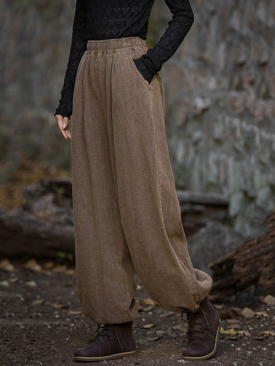 Women Vintage Autumn Solid Loose Ramie Cuffed Pants AT1013 BXF