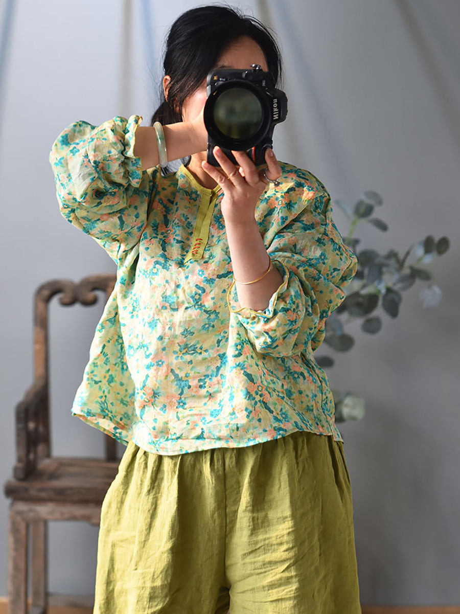 Women Ethnic Spring Flower Print V-Neck Shirt LL060 QYMM