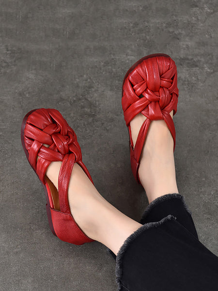Summer Leather Flat Retro Women Weave Genuine Shoes FashionChic