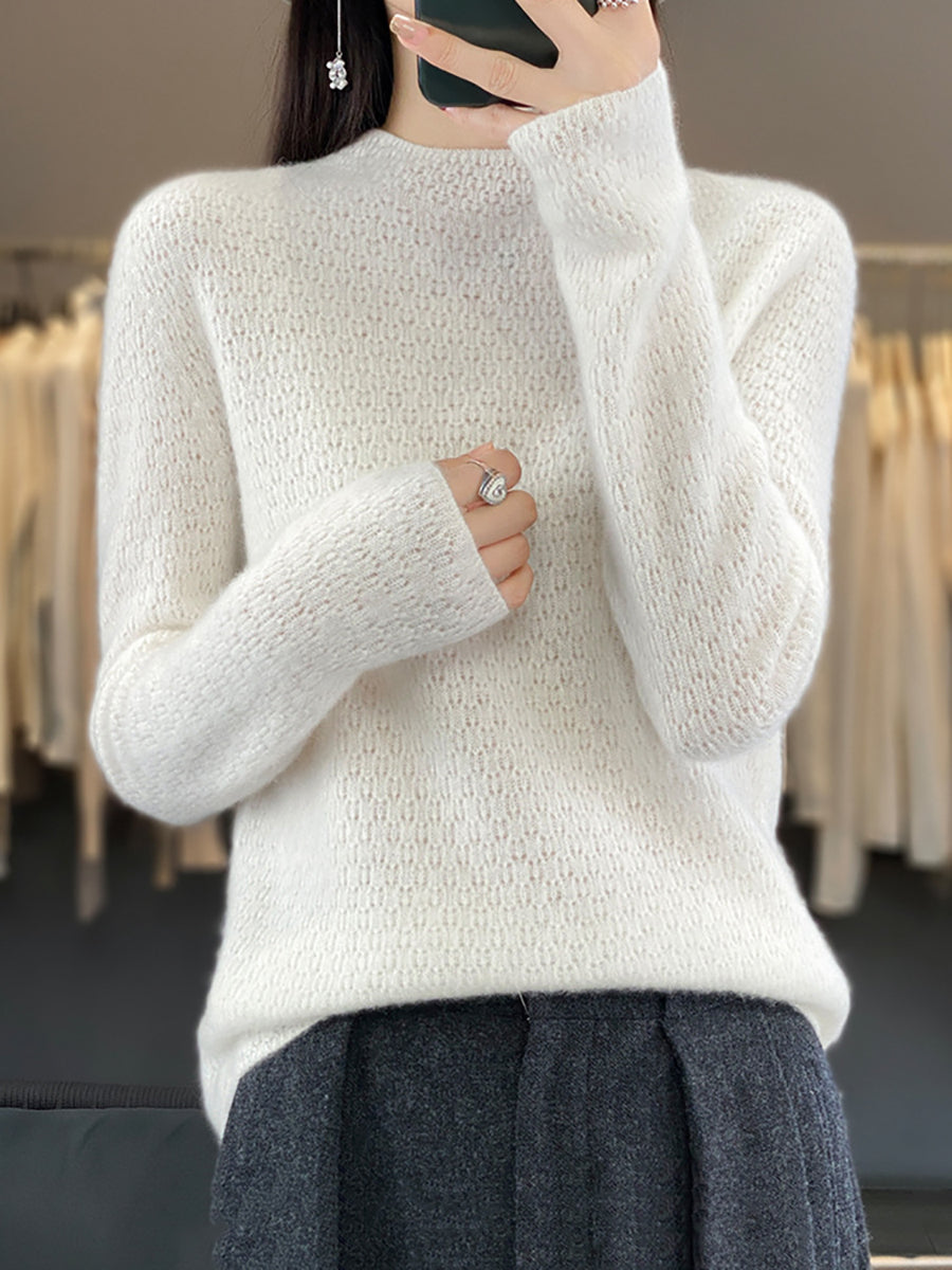 Women Autumn Casual Solid Knit 100%Wool O-Neck Sweater WU010 BK