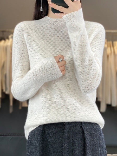 Women Autumn Casual Solid Knit 100%Wool O-Neck Sweater WU010 BK