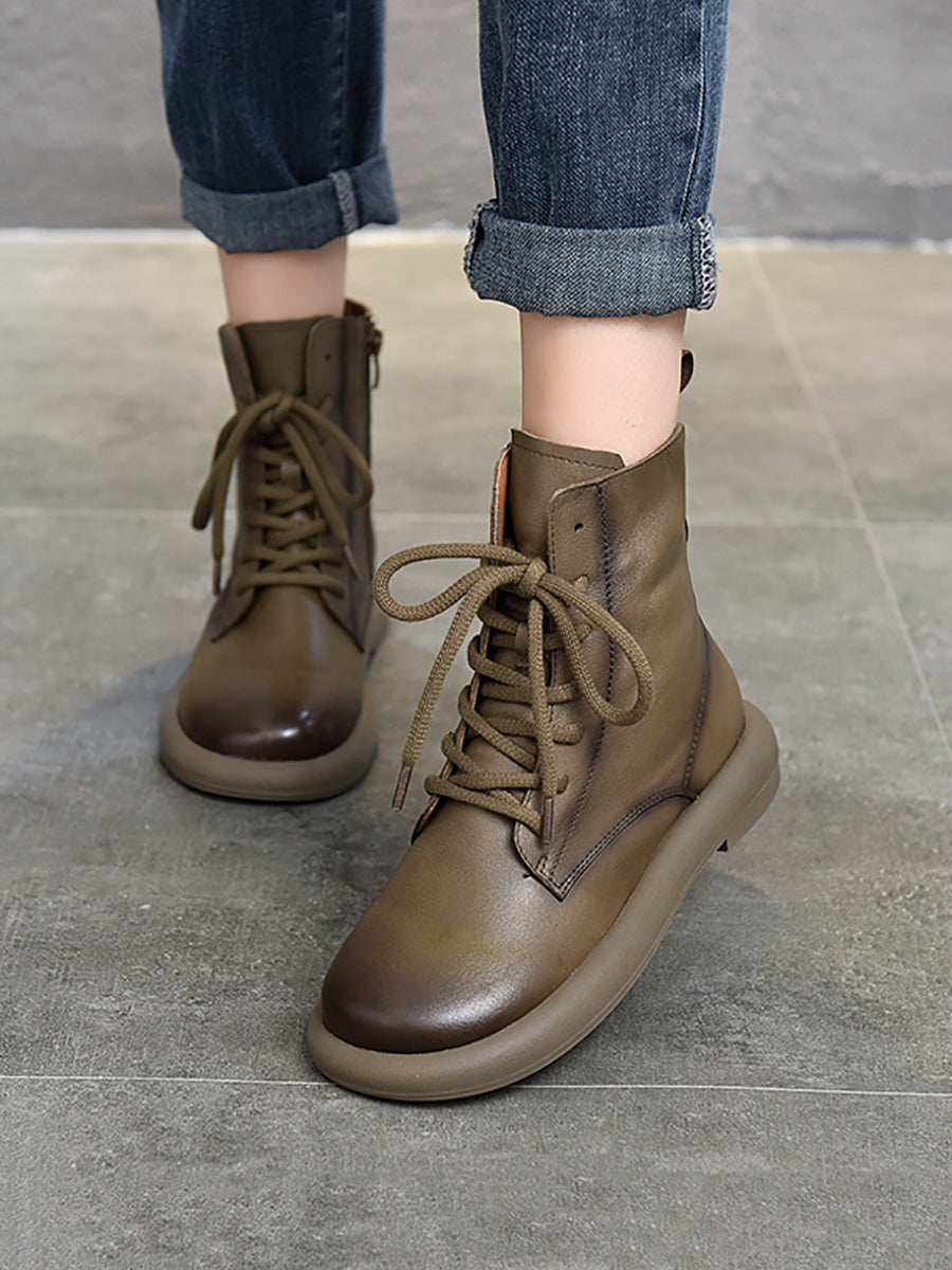 Women Genuine Leather Soft Zipper Mid Heel Martin Boots QU022 TZTJ