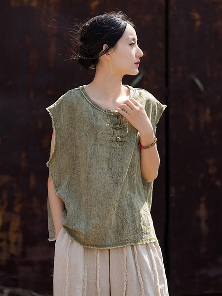 Women Summer Tie-dye Raw-edge Linen Vest CV1031 Ada Fashion