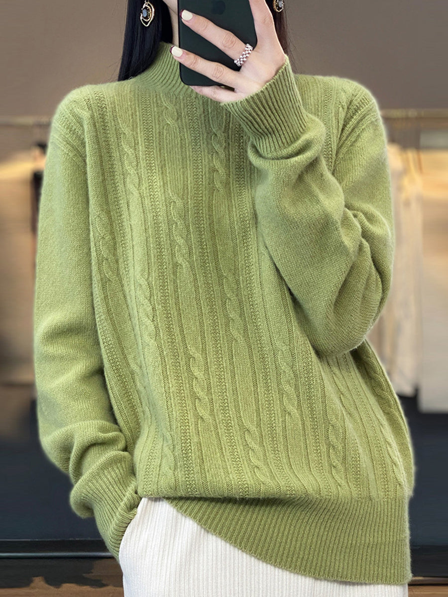 Women Autumn Solid Cable Knit 100%Wool Half Turtleneck Sweater QN027 BK