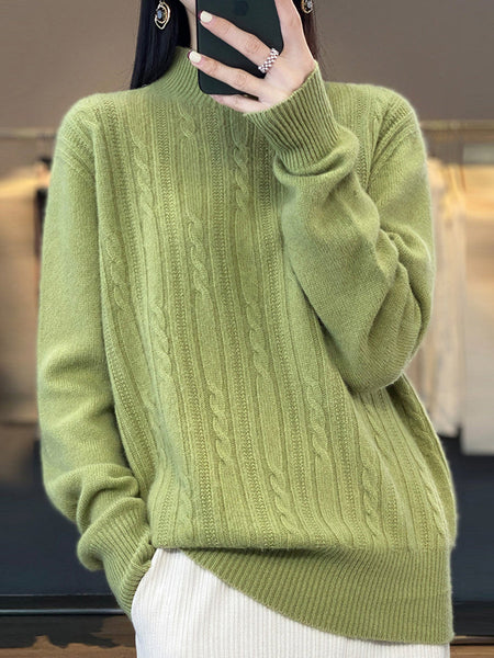 Women Autumn Solid Cable Knit 100%Wool Half Turtleneck Sweater QN027 BK