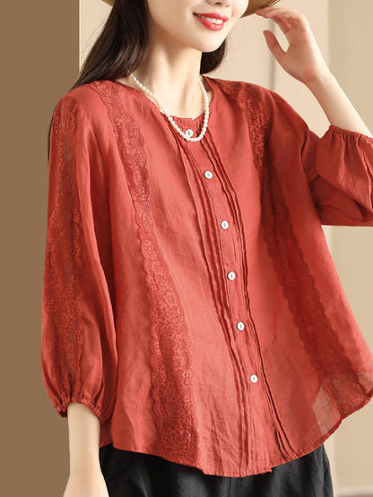 Women Summer Artsy Lace Spliced Ramie Button-Up Shirt II1020 GLL