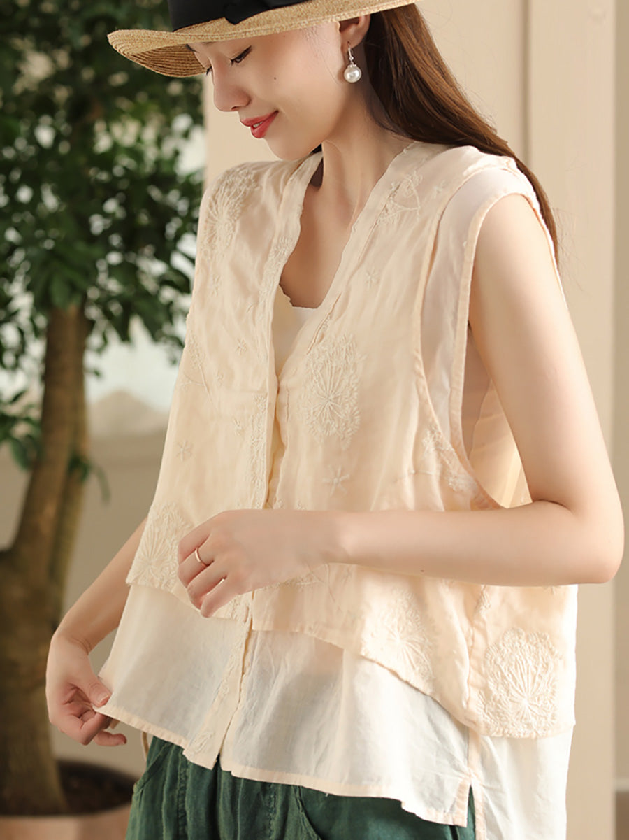 Women Summer Ethnic Embroidery Button-up Spliced Ramie Vest FD001 ZMMM