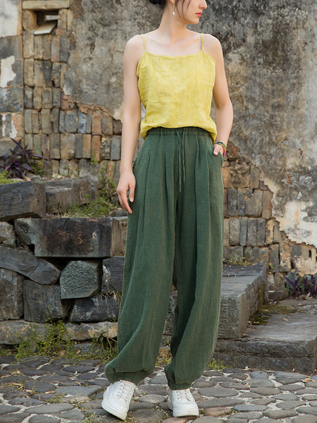 Women Pure Ramie Straight Worn Color Summer Pants FashionChic