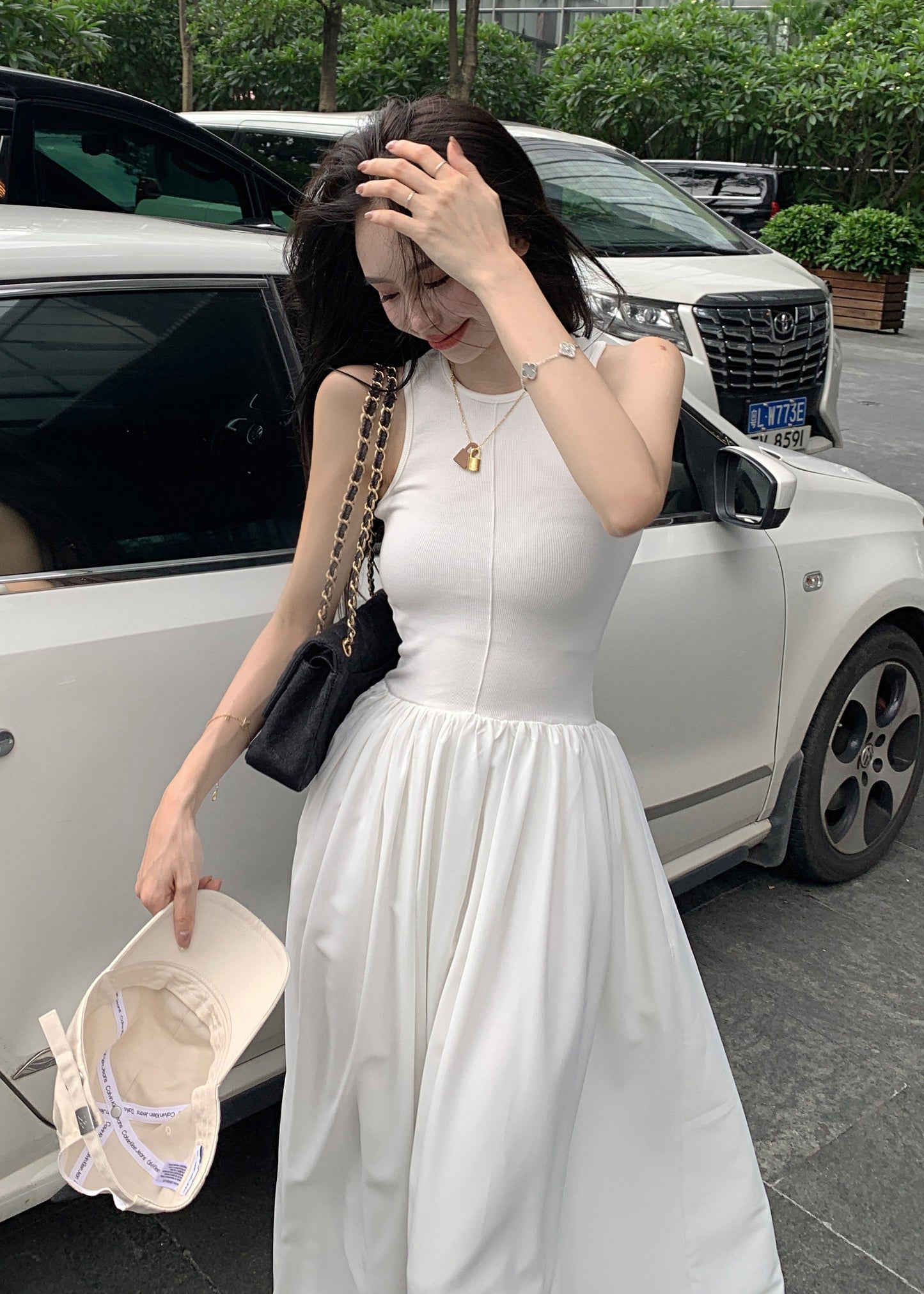 Cotton White Holiday Sleeveless Fit Silm Dress Patchwork FashionChic