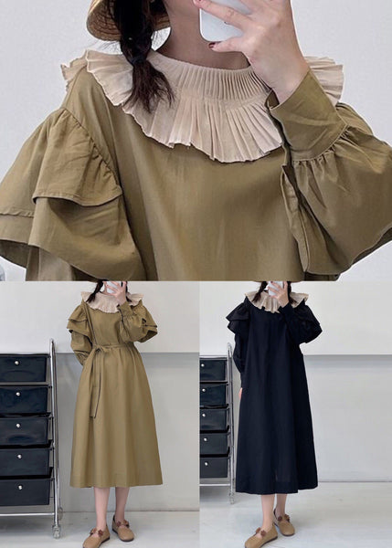 Loose Khaki Ruffled Tie Waist Cotton Dress Long Sleeve NN041 shopify