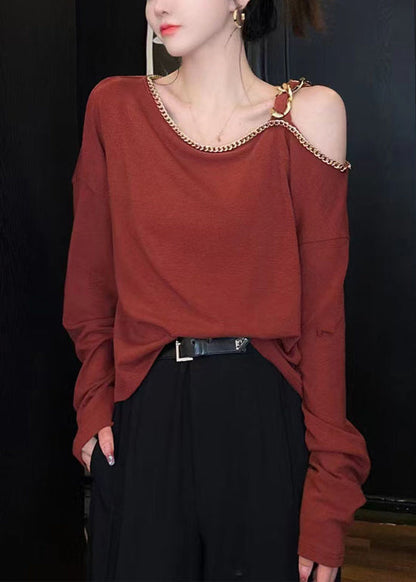 Chic Red Cold Shoulder Chain Linked Cotton Top Long Sleeve TT1001 shopify