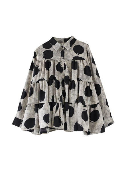 Plus Size Black Peter Pan Collar Dot Wrinkled Cotton Shirts Fall RY023 ABC