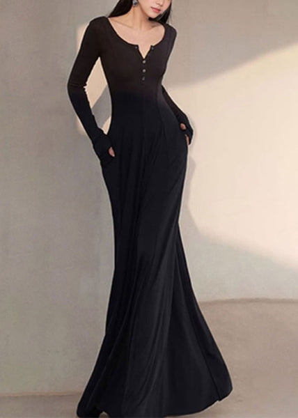 V Spring New Long Fit Black Dress Slim Simple Neck Cotton FashionChic